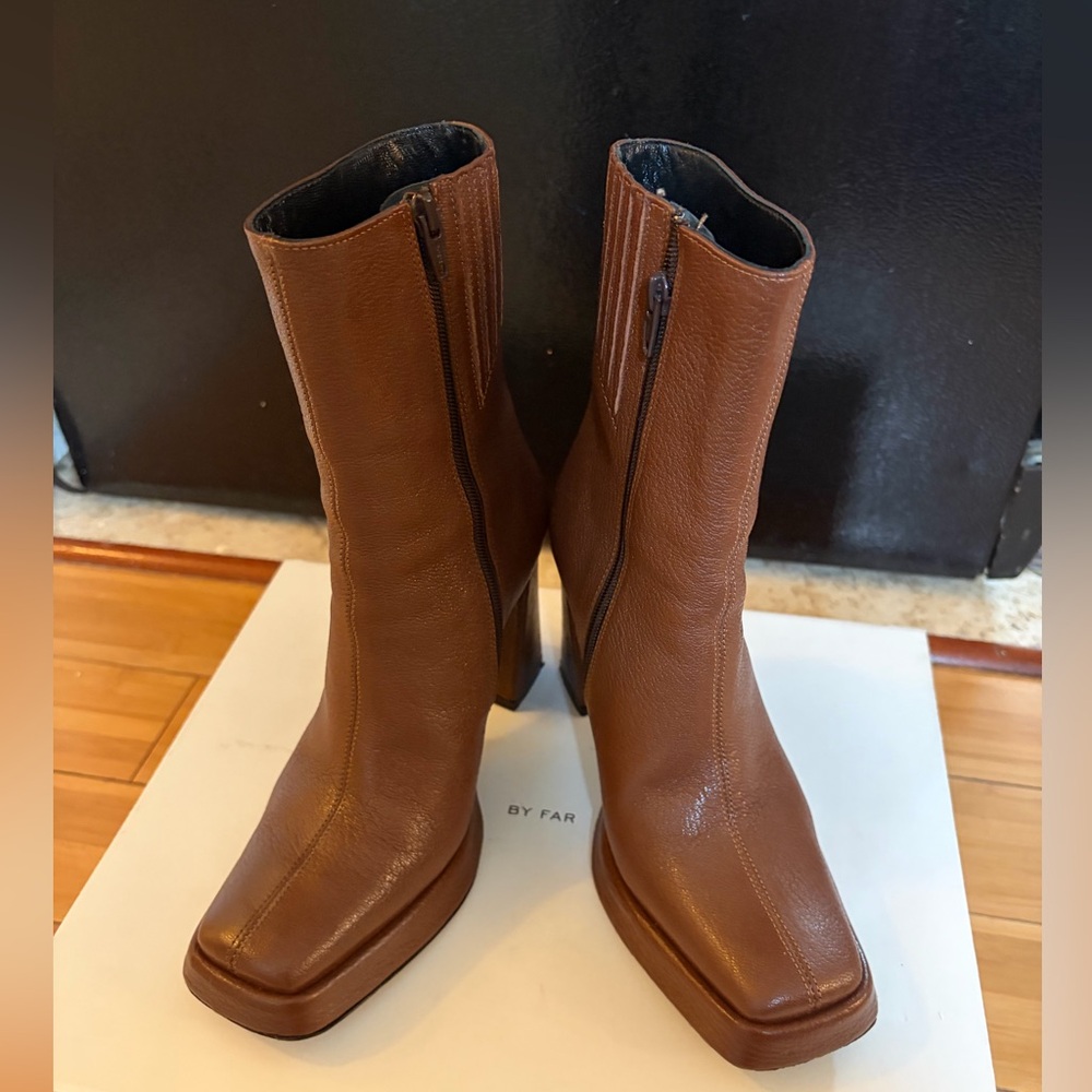 BY FAR Brown Square-Toe Block Heel Ankle Boots